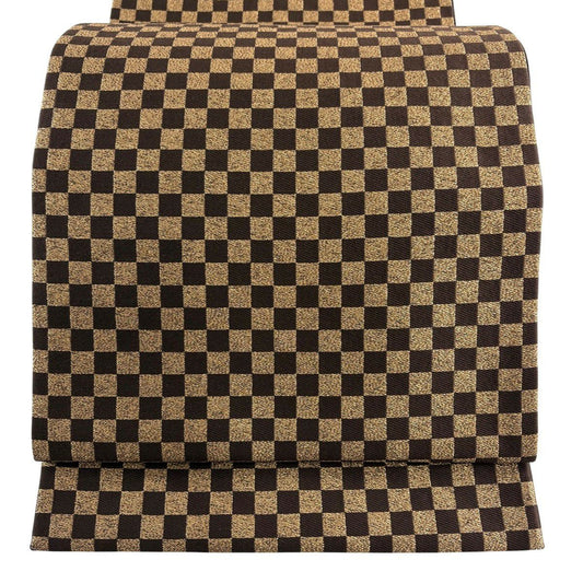 【美品】 袋帶 名品級 市松樹 金金箔 焦茶 六通 純蠶絲