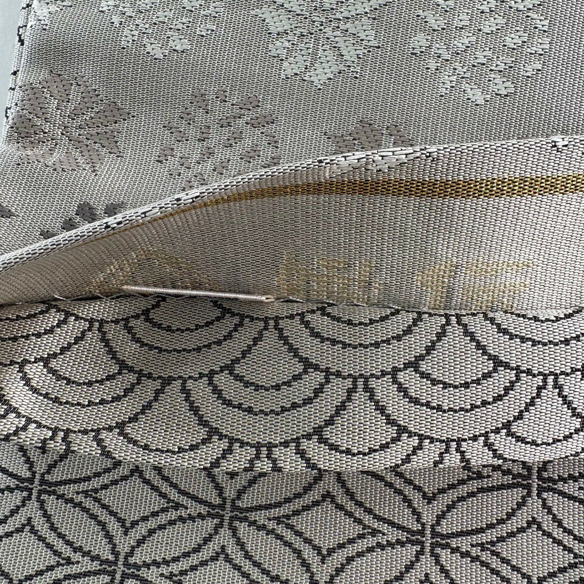 【美品】 袋帶 名品級 花 灰色 六通 純蠶絲