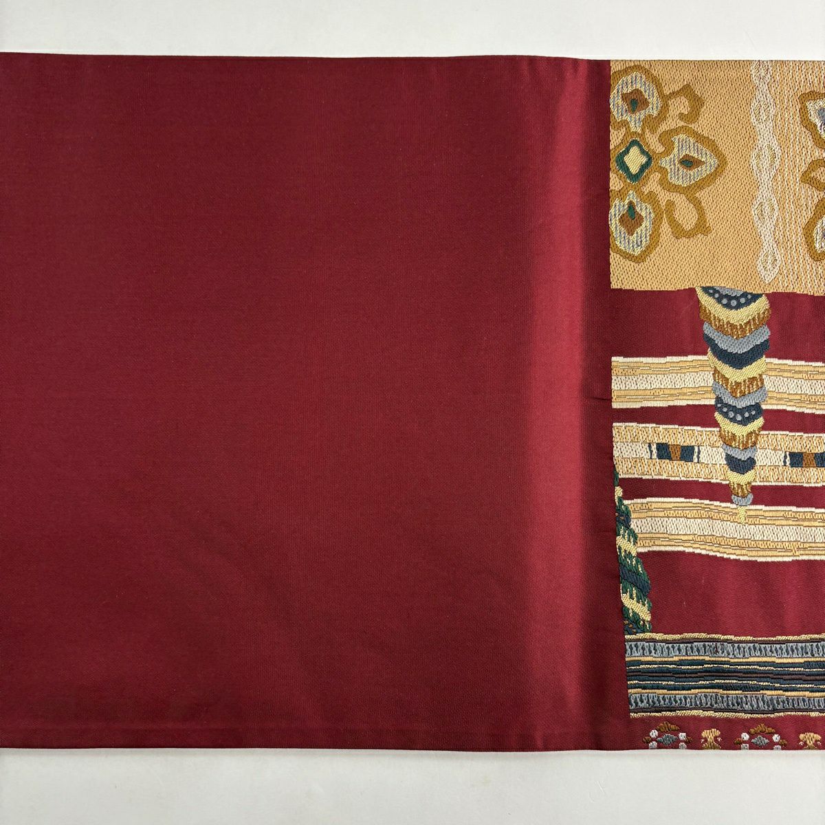 【美品】 袋帶 名品級 花 幾何圖案 金絲 深紅色 六通 純蠶絲