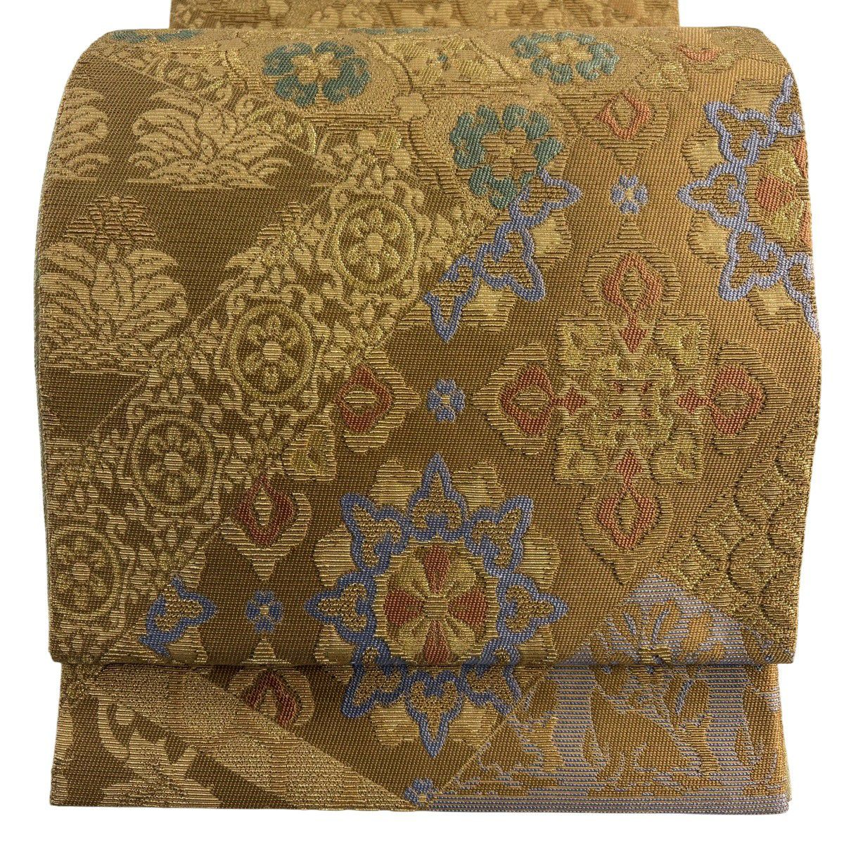 【美品】 袋帶 名品級 華紋 鶏頭 輪奈織 金糸 山吹茶 紅色 お太鼓柄 純蠶絲