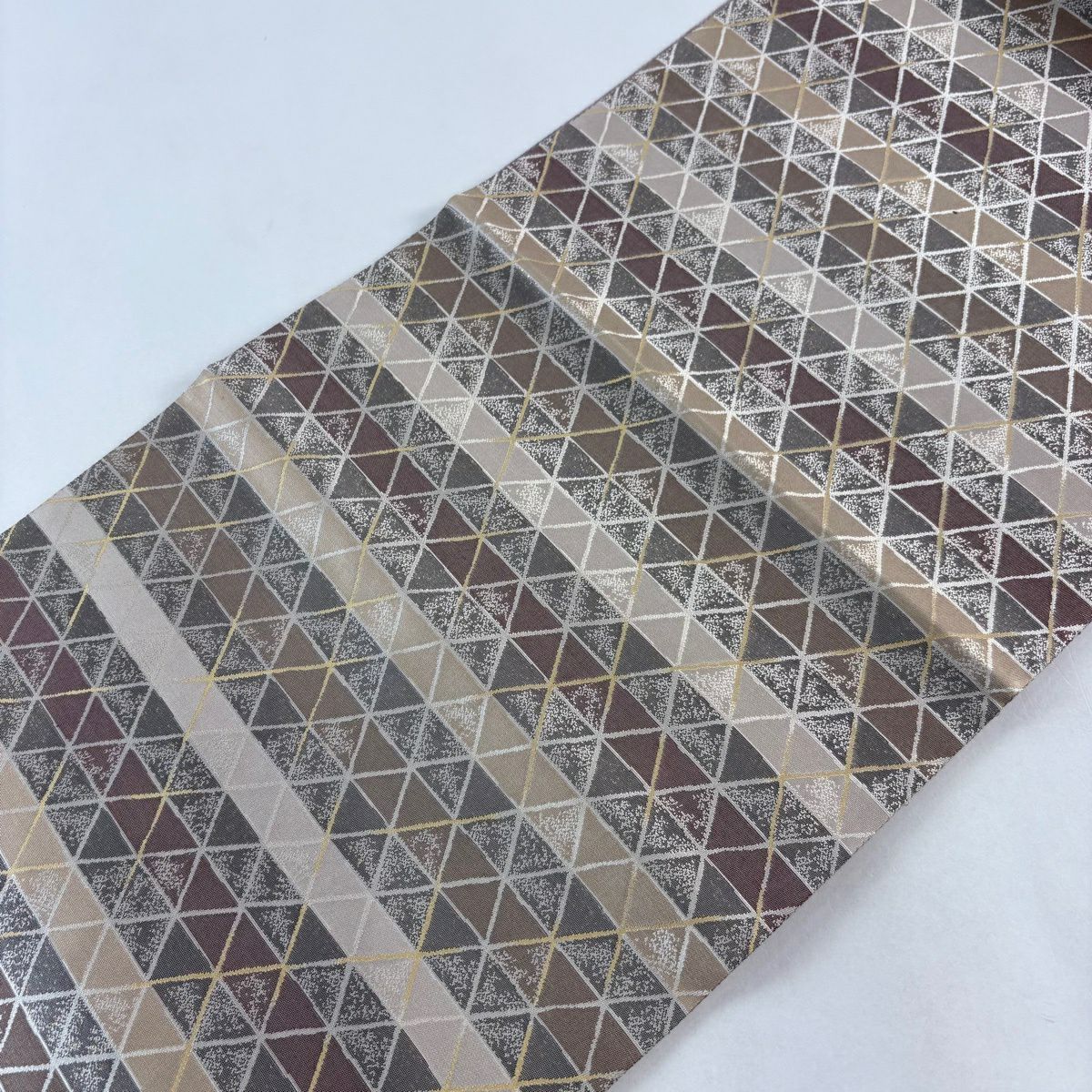 【美品】 袋帶 名品級 鱗紋 縞紋 金金箔 薄茶 全通 純蠶絲