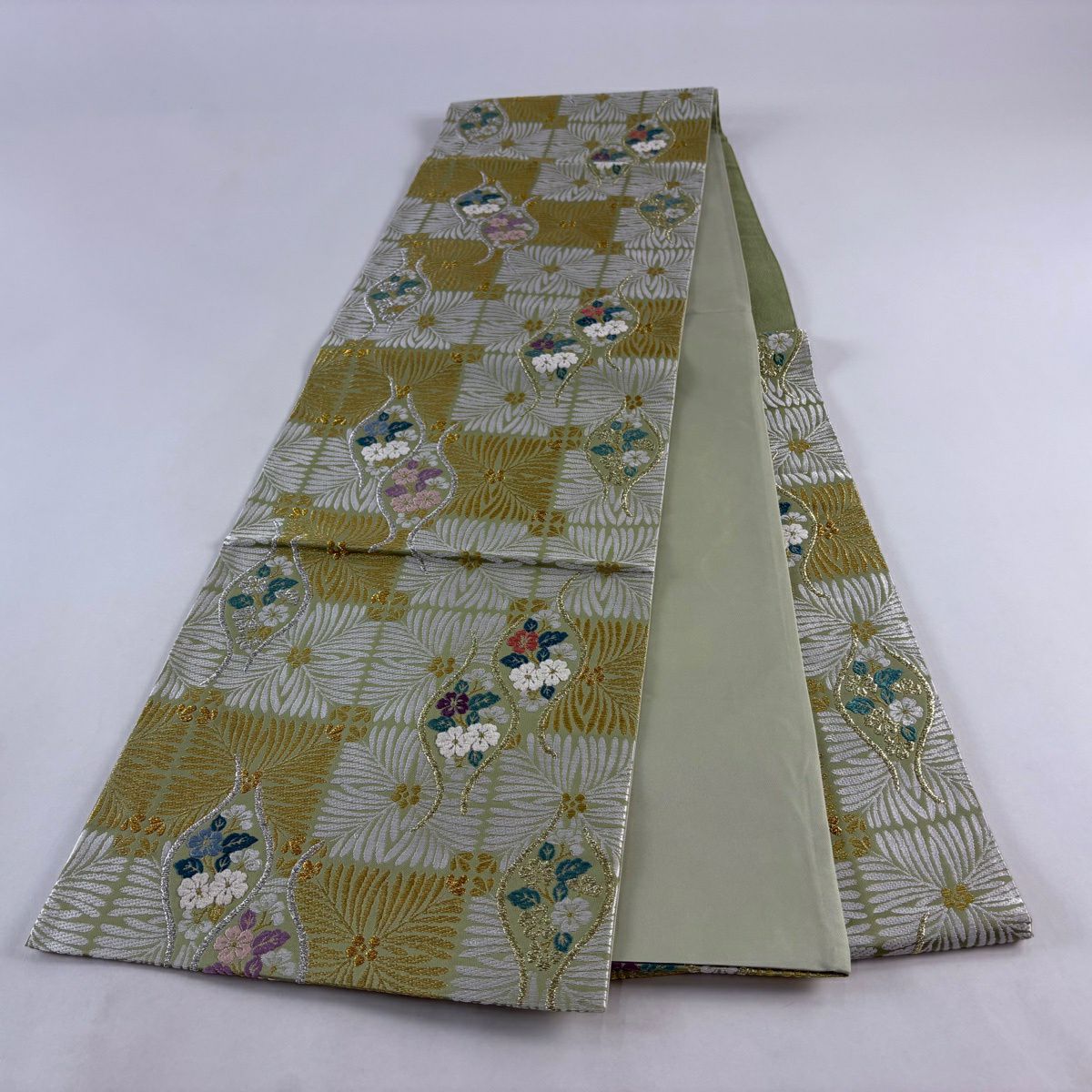 【美品】 袋帶 名品級 若松樹 立涌 唐織 金金箔 薄綠 六通 純蠶絲
