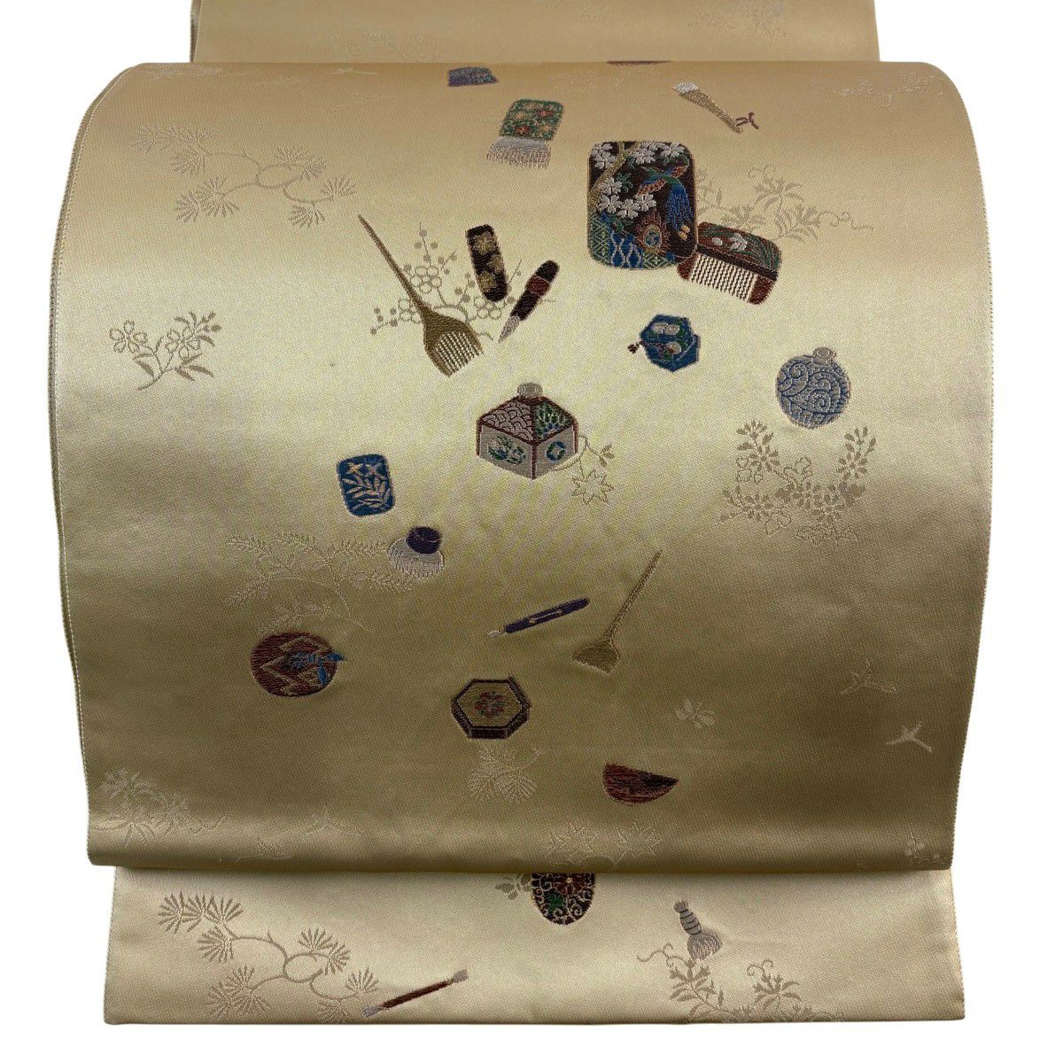 袋帶 名品級 髮梳 筆 金金箔 刺繡 淺茶 純蠶絲