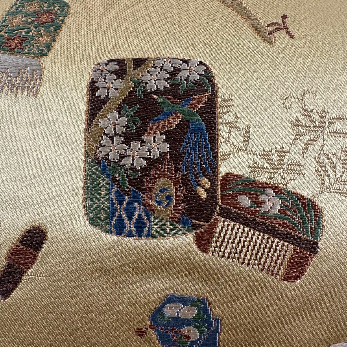 袋帶 名品級 髮梳 筆 金金箔 刺繡 淺茶 純蠶絲