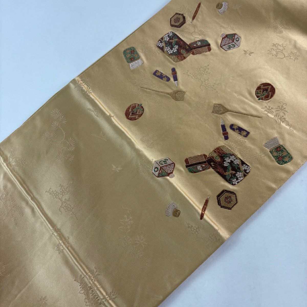 袋帶 名品級 髮梳 筆 金金箔 刺繡 淺茶 純蠶絲