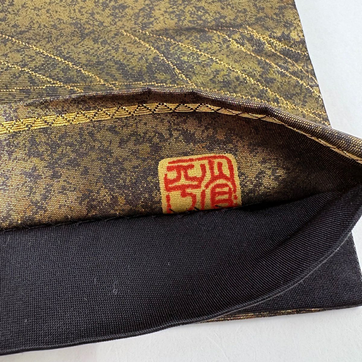袋帶 名品級 堀省平 落款あり 金金箔散花 唐草紋 金銀絲 金色 大鼓圖案 純蠶絲