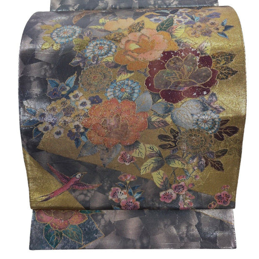 【美品】 袋帶 名品級 加賀螺鈿拼貼金金箔 草花紋 鳥 灰 深藍色 お太鼓圖案 純蠶絲