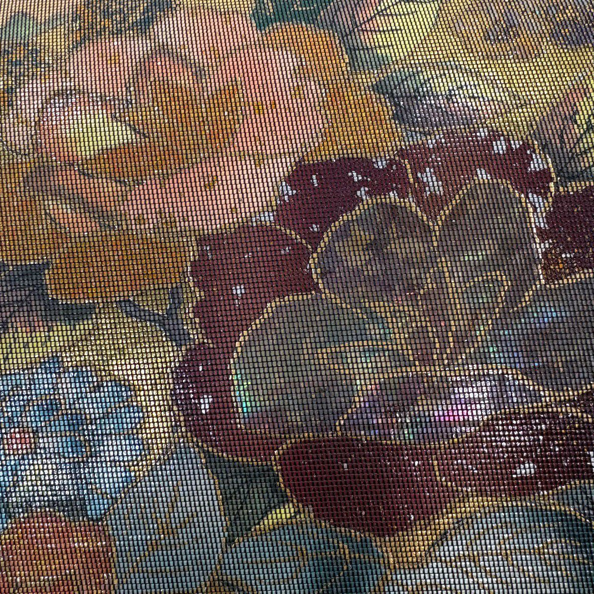 【美品】 袋帶 名品級 加賀螺鈿拼貼金金箔 草花紋 鳥 灰 深藍色 お太鼓圖案 純蠶絲