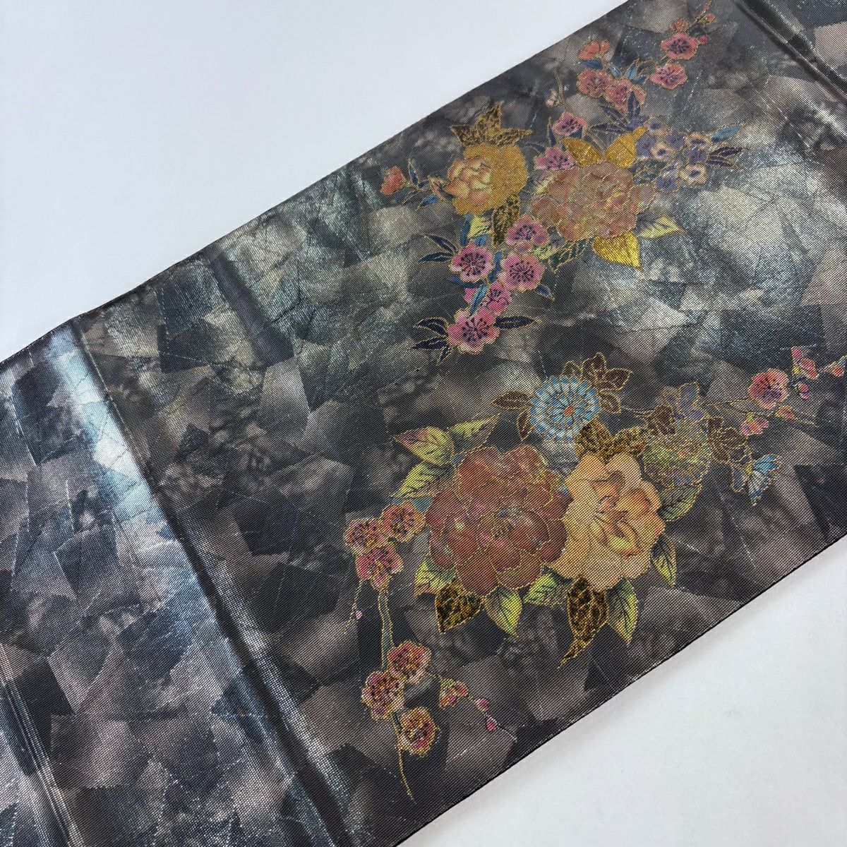 【美品】 袋帶 名品級 加賀螺鈿拼貼金金箔 草花紋 鳥 灰 深藍色 お太鼓圖案 純蠶絲