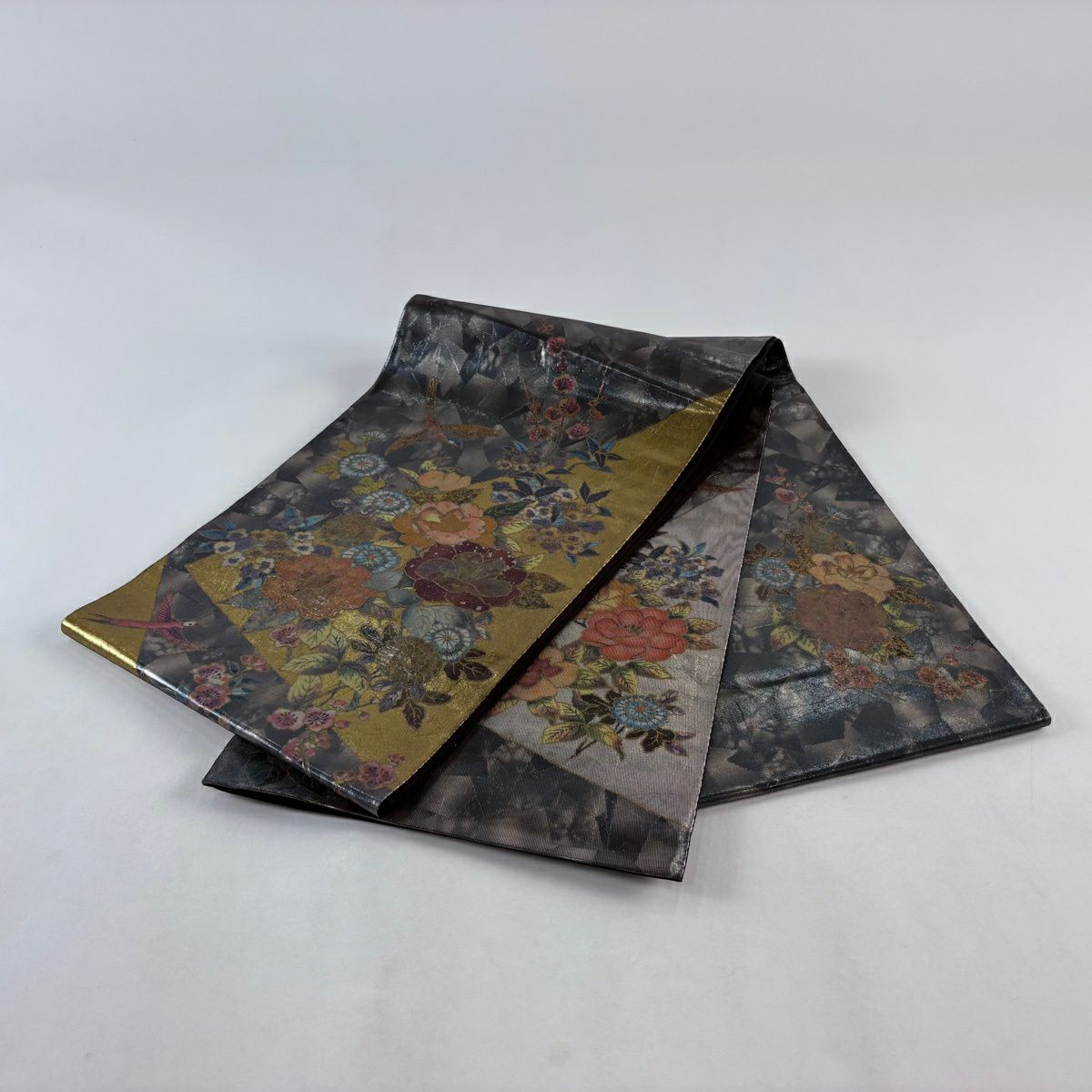 【美品】 袋帶 名品級 加賀螺鈿拼貼金金箔 草花紋 鳥 灰 深藍色 お太鼓圖案 純蠶絲