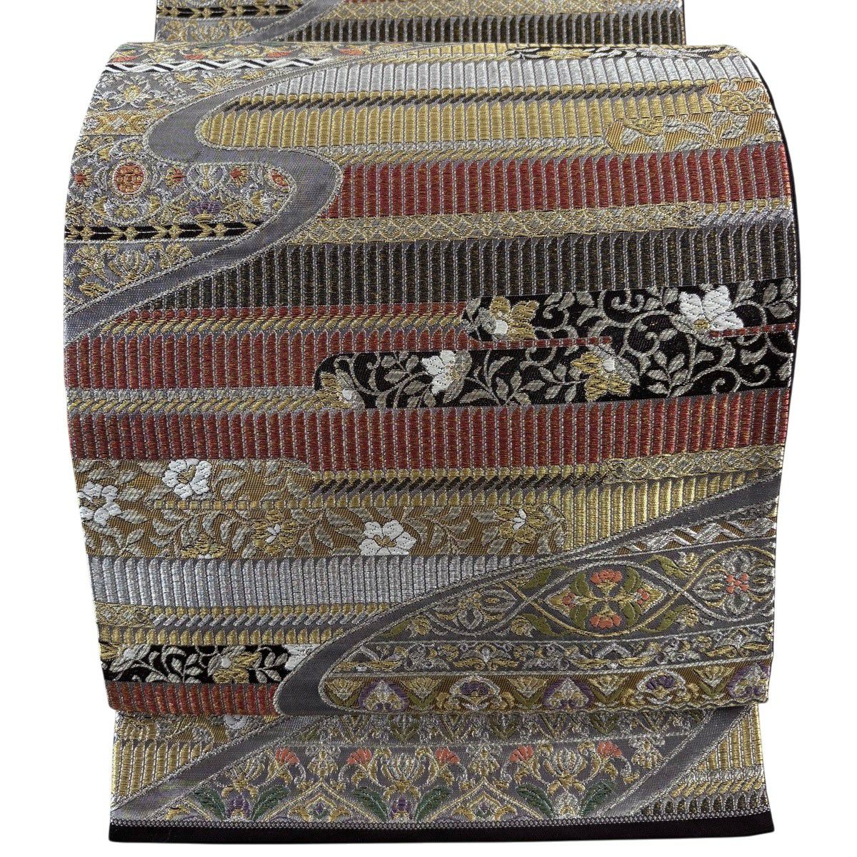 【美品】 袋帶 名品級 ますいわ屋 關西仕立 雲水橫段華紋 金銀線 金金箔 銀 六通 純蠶絲