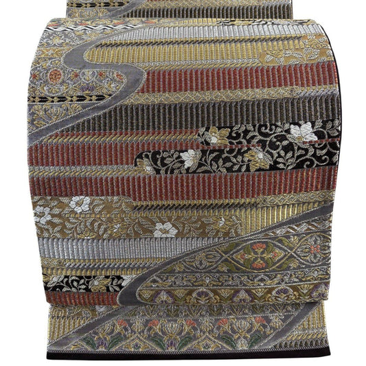 【美品】 袋帶 名品級 ますいわ屋 關西仕立 雲水橫段華紋 金銀線 金金箔 銀 六通 純蠶絲