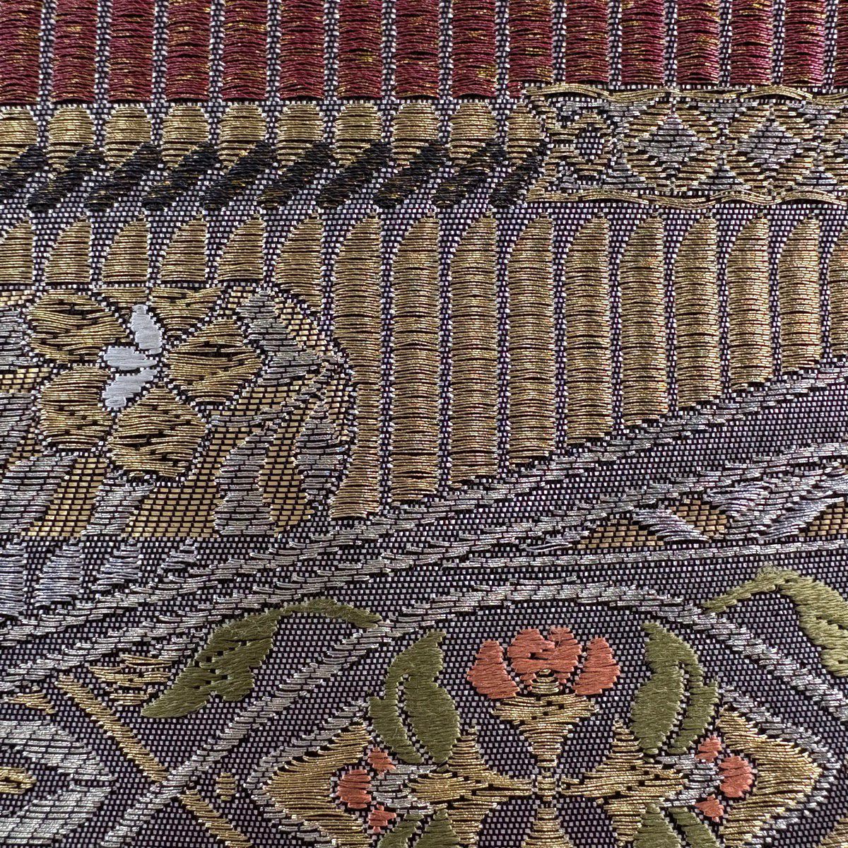 【美品】 袋帶 名品級 ますいわ屋 關西仕立 雲水橫段華紋 金銀線 金金箔 銀 六通 純蠶絲