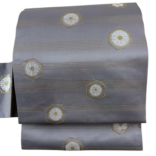 【美品】名古屋帶 名品級 菊花 龜甲 金絲 金金箔 灰色 純蠶絲