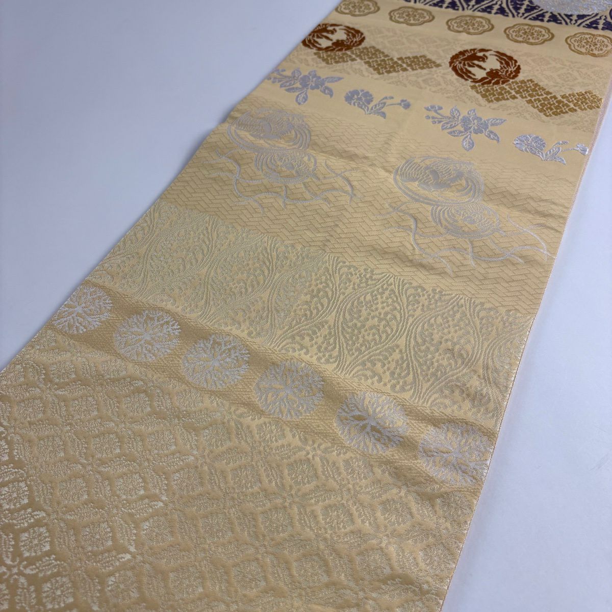 袋帶 名品級 花菱 鳥 米色 大鼓圖案 純蠶絲