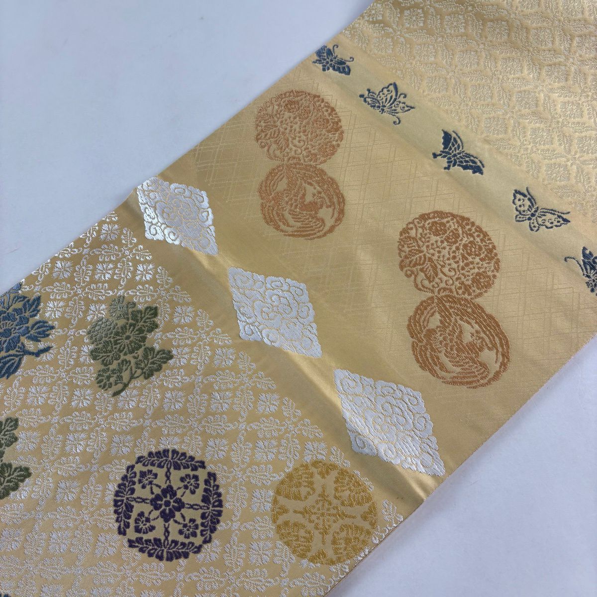 袋帶 名品級 花菱 鳥 米色 大鼓圖案 純蠶絲