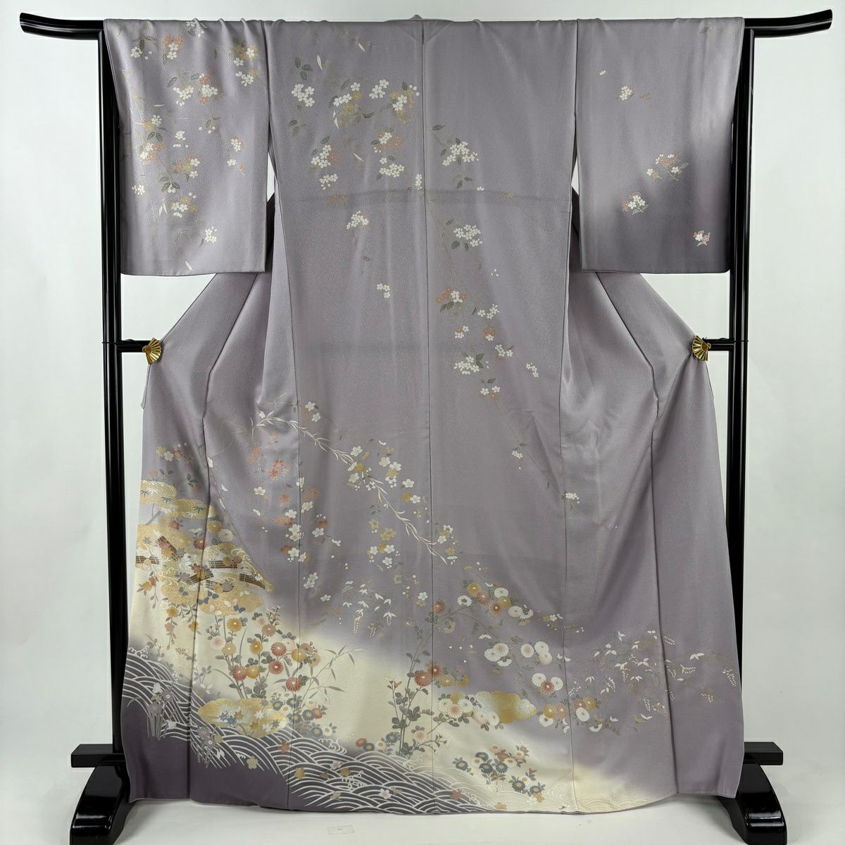 【美品】訪問服 身長168cm 袖長65.5cm M 雙層 雲紋 花筏 金銀彩 染分 灰紫 純蠶絲 名品級