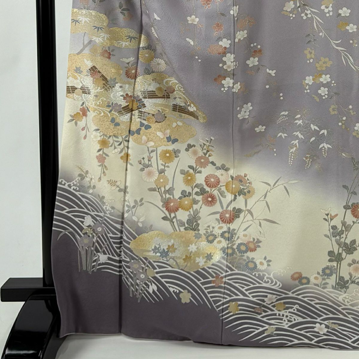 【美品】訪問服 身長168cm 袖長65.5cm M 雙層 雲紋 花筏 金銀彩 染分 灰紫 純蠶絲 名品級
