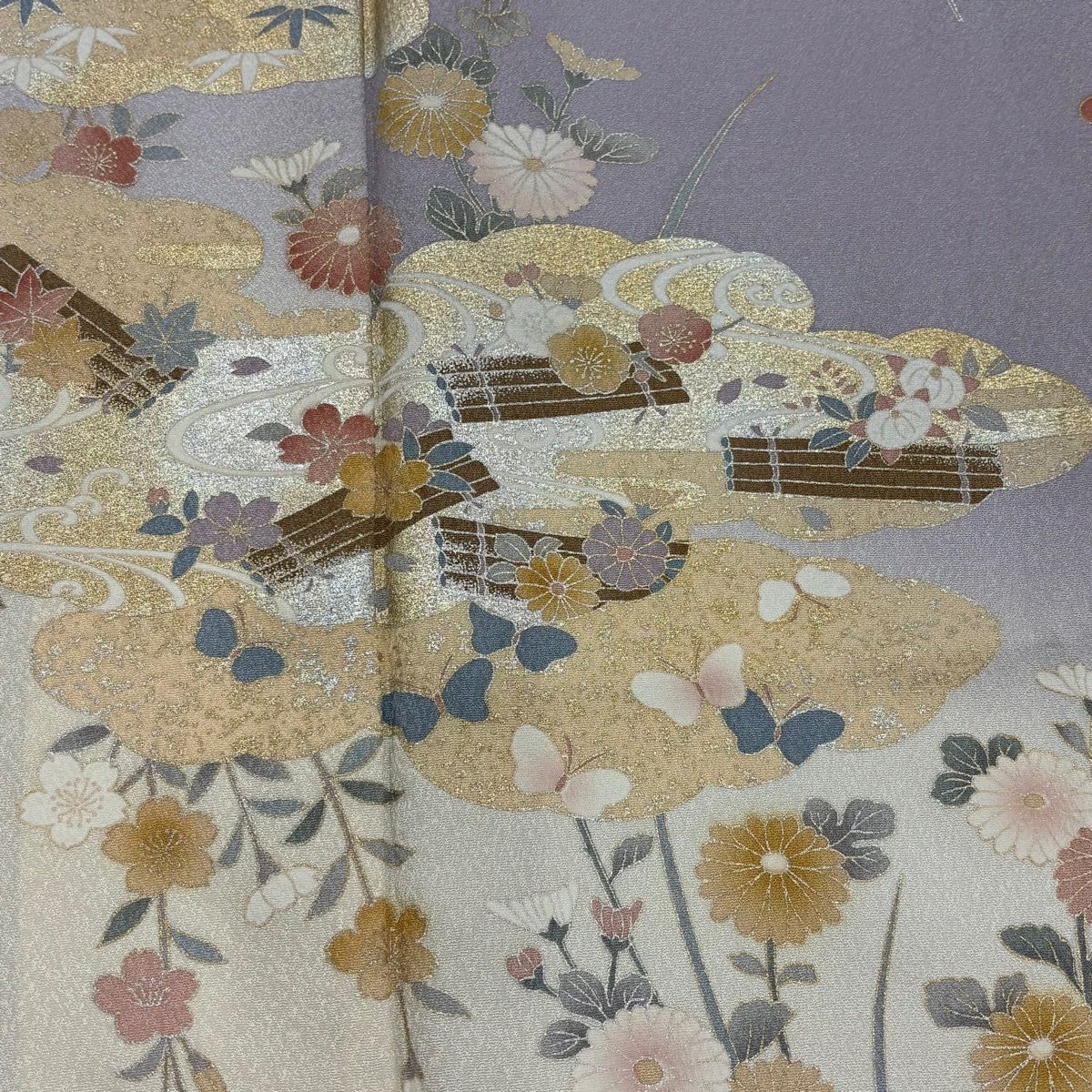 【美品】訪問服 身長168cm 袖長65.5cm M 雙層 雲紋 花筏 金銀彩 染分 灰紫 純蠶絲 名品級
