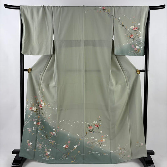 【美品】訪問服 身長168cm 袖長67cm M 雙層 椿 猫柳 漸層 灰綠 純蠶絲 名品級