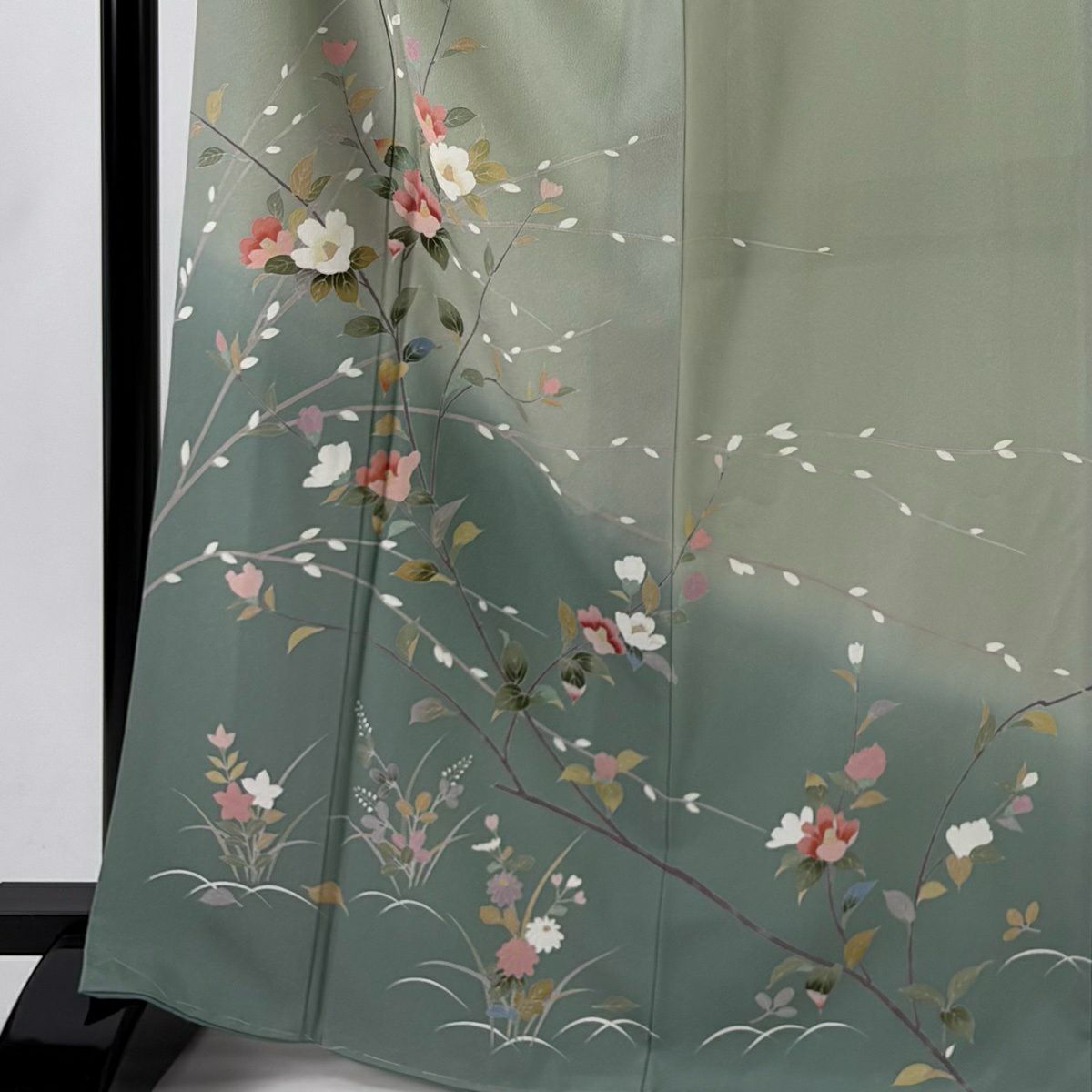 【美品】訪問服 身長168cm 袖長67cm M 雙層 椿 猫柳 漸層 灰綠 純蠶絲 名品級