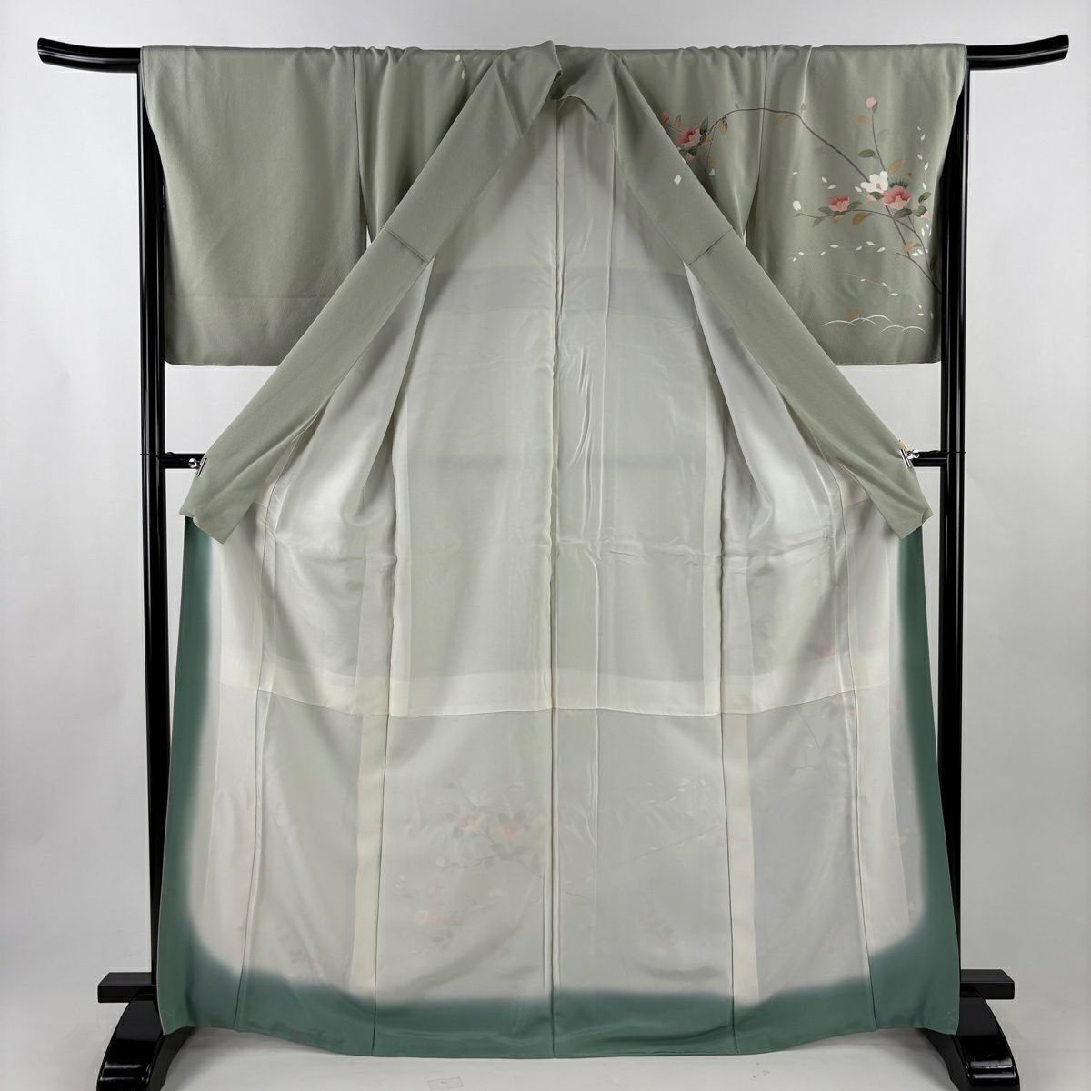 【美品】訪問服 身長168cm 袖長67cm M 雙層 椿 猫柳 漸層 灰綠 純蠶絲 名品級