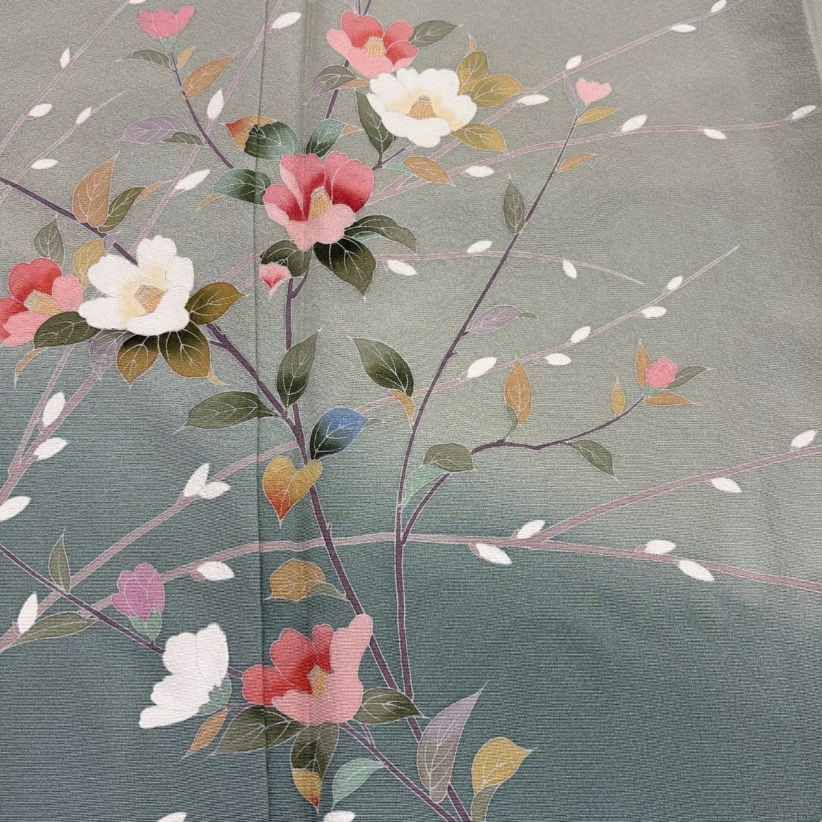 【美品】訪問服 身長168cm 袖長67cm M 雙層 椿 猫柳 漸層 灰綠 純蠶絲 名品級