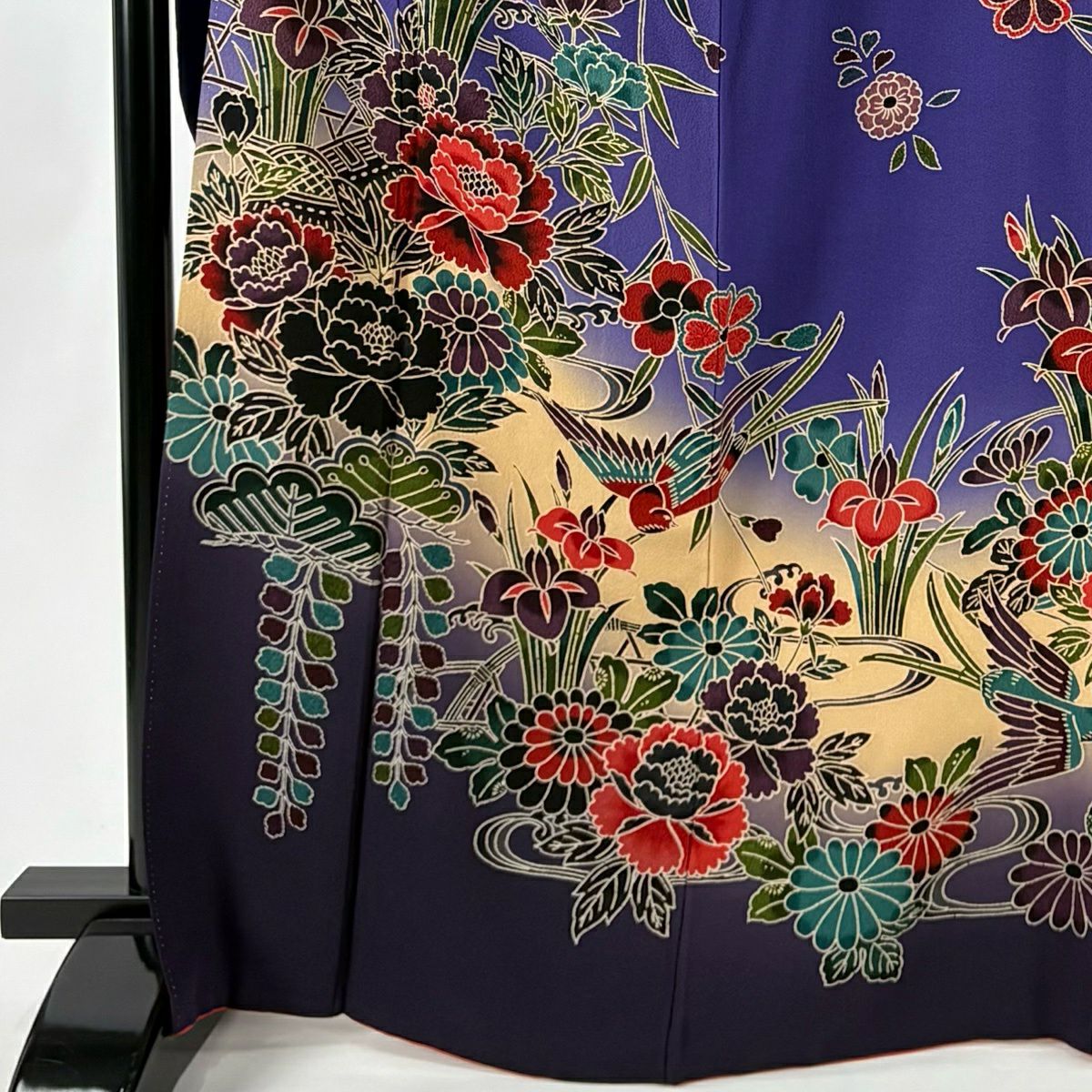 振袖禮服 身長167cm 袖長66.5cm M 雙層 牡丹 鳥 辨染 漸層 紫 純蠶絲 名品級