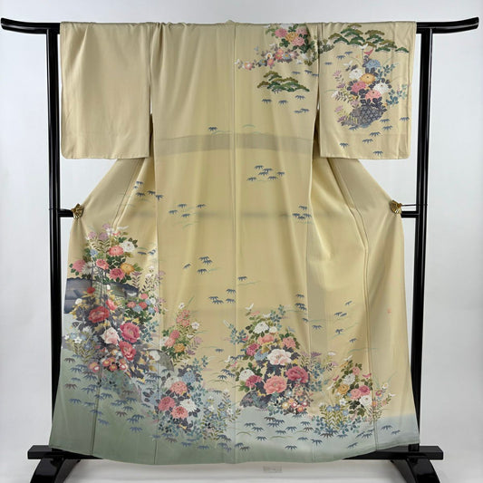 【美品】訪問服 身長160.5cm 袖長65.5cm M 雙層 落款あり 枝花 光悦垣 染分 ぼかし 米色 純蠶絲 名品級