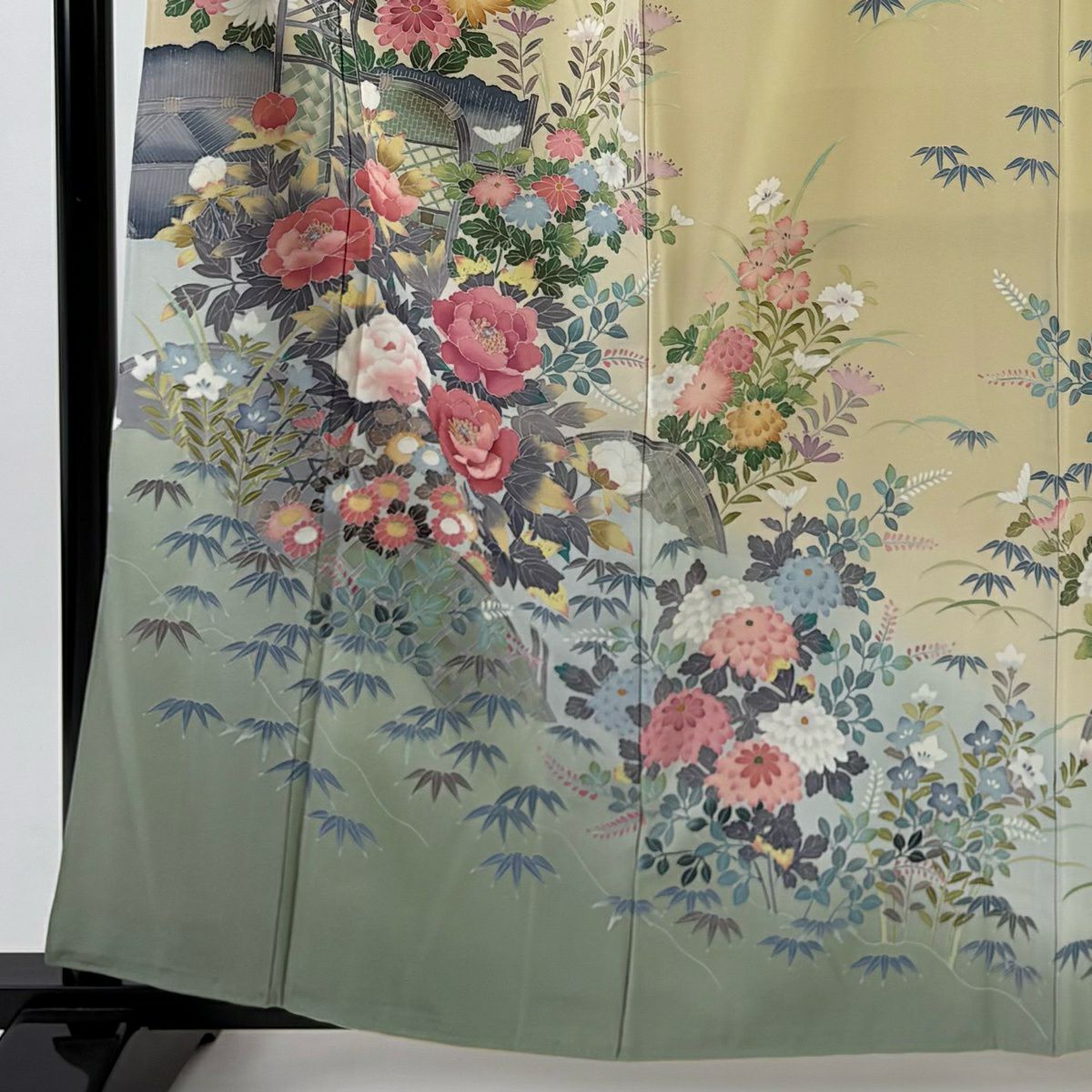 【美品】訪問服 身長160.5cm 袖長65.5cm M 雙層 落款あり 枝花 光悦垣 染分 ぼかし 米色 純蠶絲 名品級