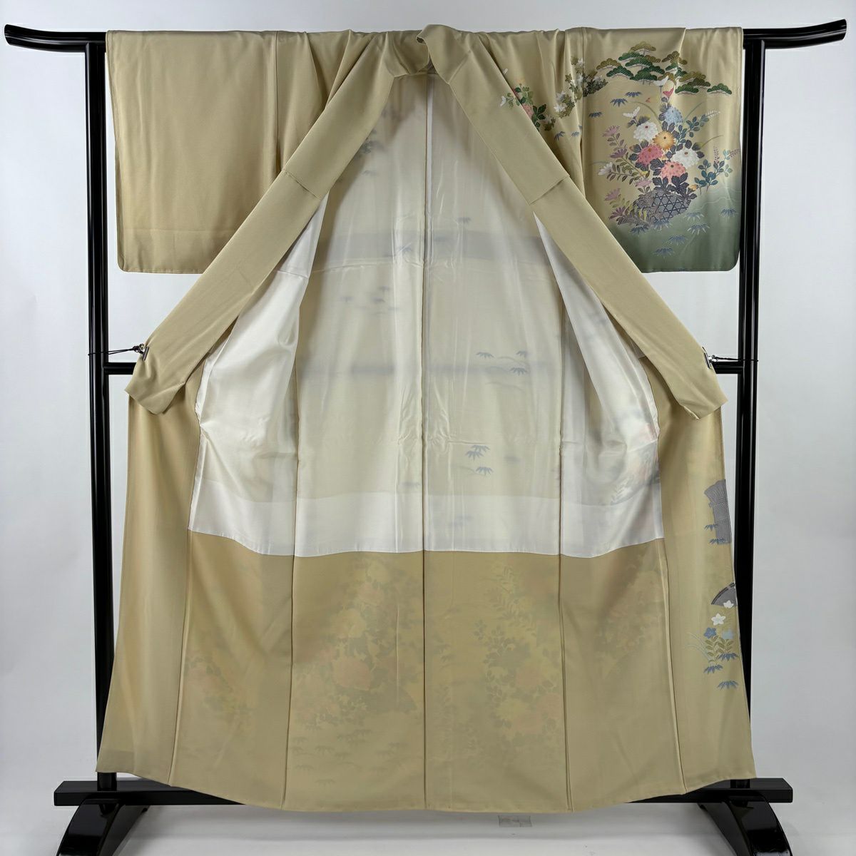 【美品】訪問服 身長160.5cm 袖長65.5cm M 雙層 落款あり 枝花 光悦垣 染分 ぼかし 米色 純蠶絲 名品級