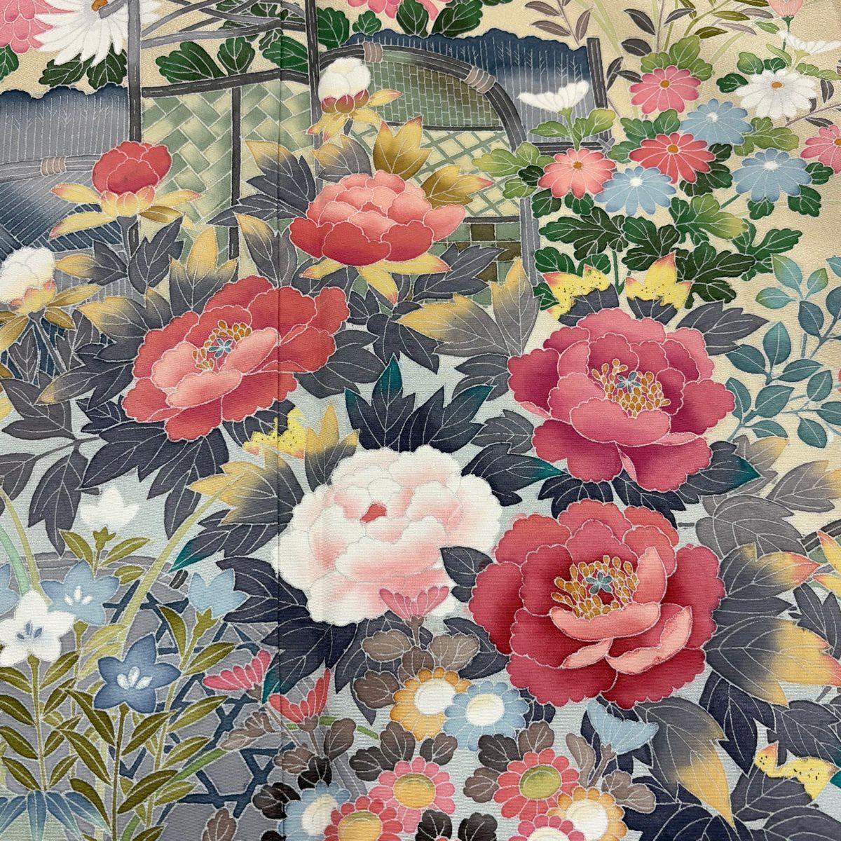 【美品】訪問服 身長160.5cm 袖長65.5cm M 雙層 落款あり 枝花 光悦垣 染分 ぼかし 米色 純蠶絲 名品級