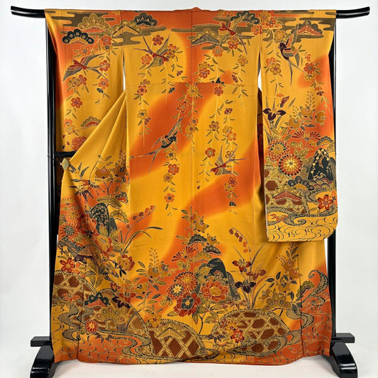 【美品】振袖禮服 身長170cm 袖長66cm M 雙層 牡丹 流水 染分 橙色 純蠶絲 名品級