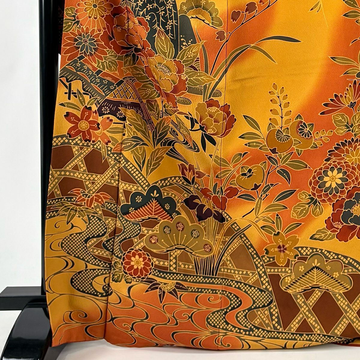 【美品】振袖禮服 身長170cm 袖長66cm M 雙層 牡丹 流水 染分 橙色 純蠶絲 名品級