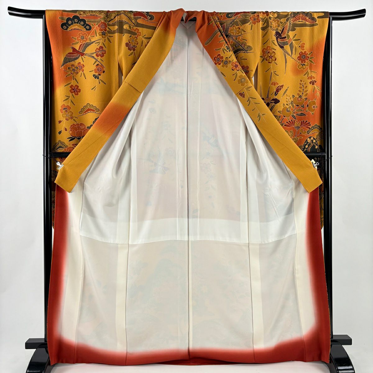 【美品】振袖禮服 身長170cm 袖長66cm M 雙層 牡丹 流水 染分 橙色 純蠶絲 名品級