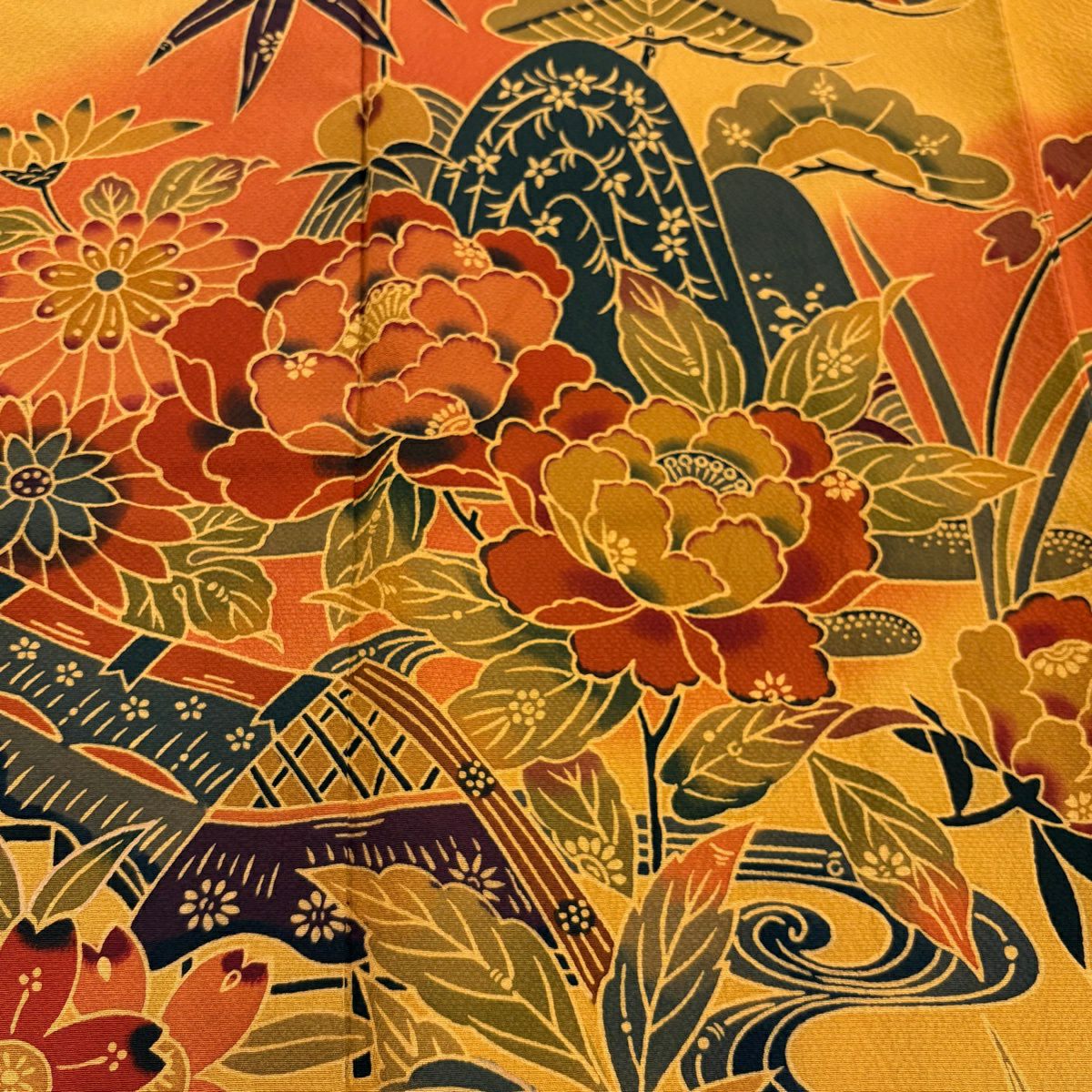 【美品】振袖禮服 身長170cm 袖長66cm M 雙層 牡丹 流水 染分 橙色 純蠶絲 名品級