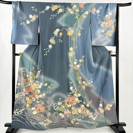 訪問服 身長162cm 袖長67.5cm L 雙層 落款 花扇子 滝 金絲 金銀彩 青灰 純蠶絲 名品級