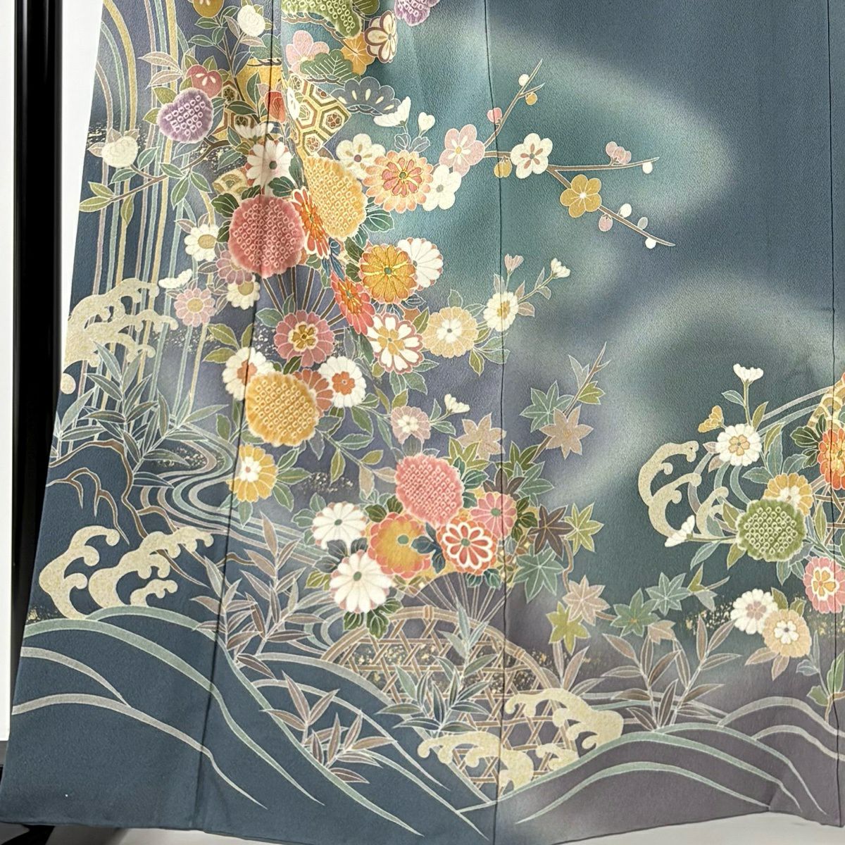 訪問服 身長162cm 袖長67.5cm L 雙層 落款 花扇子 滝 金絲 金銀彩 青灰 純蠶絲 名品級