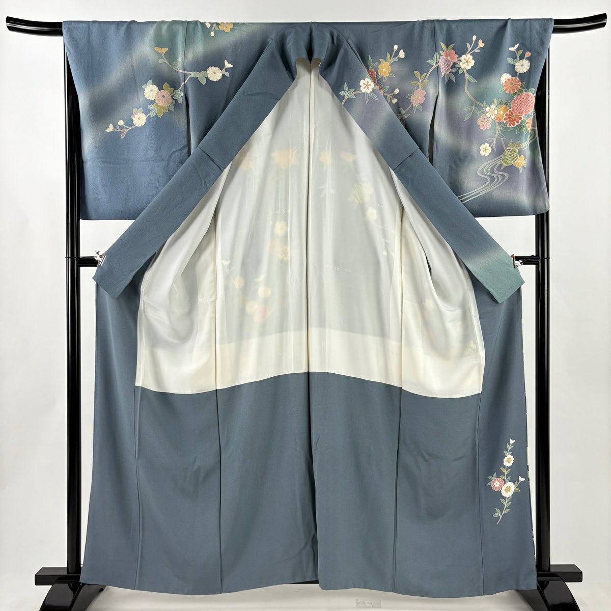 訪問服 身長162cm 袖長67.5cm L 雙層 落款 花扇子 滝 金絲 金銀彩 青灰 純蠶絲 名品級