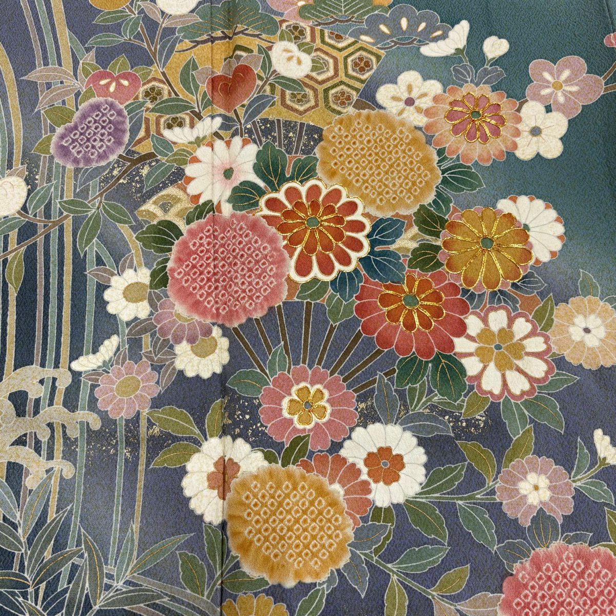 訪問服 身長162cm 袖長67.5cm L 雙層 落款 花扇子 滝 金絲 金銀彩 青灰 純蠶絲 名品級