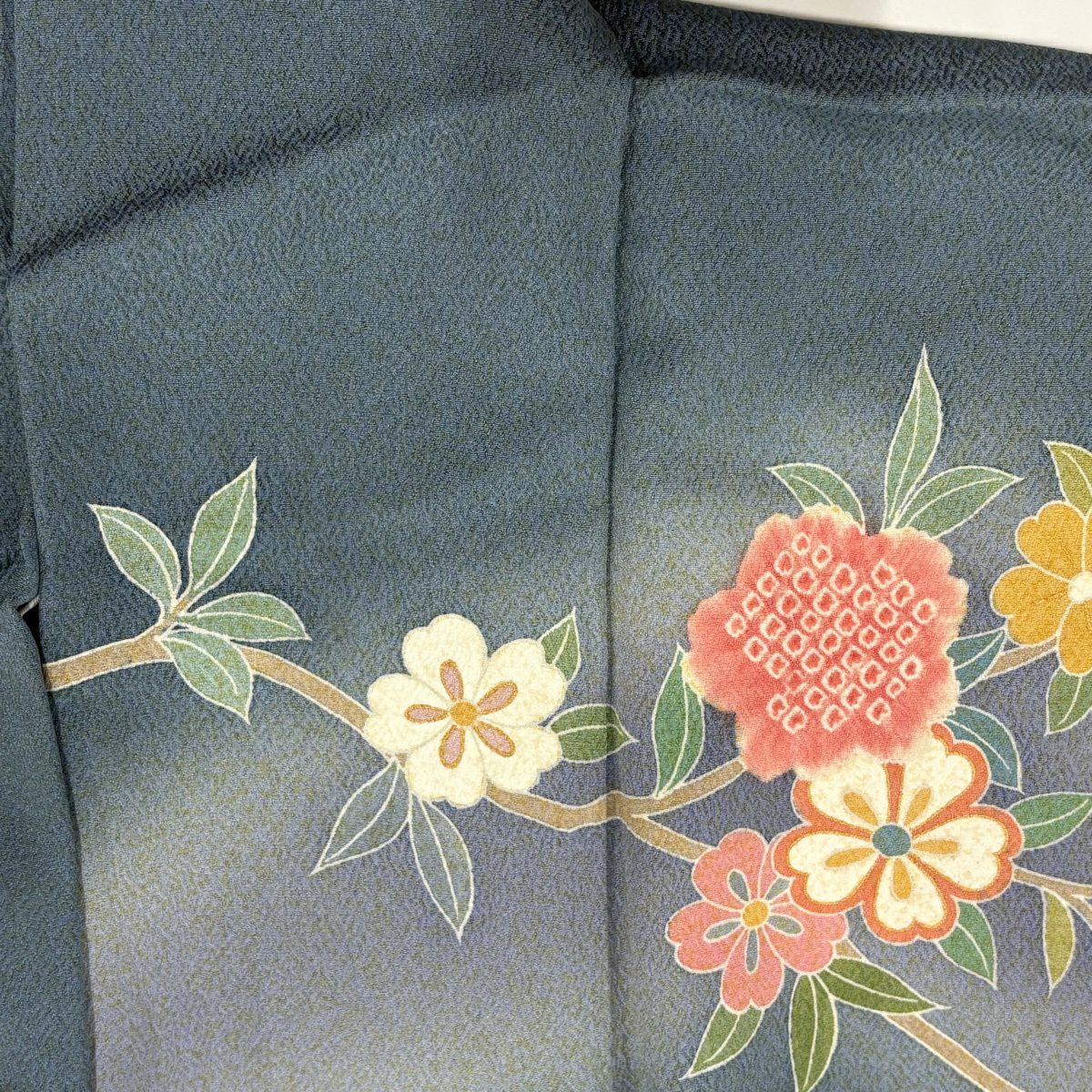 訪問服 身長162cm 袖長67.5cm L 雙層 落款 花扇子 滝 金絲 金銀彩 青灰 純蠶絲 名品級
