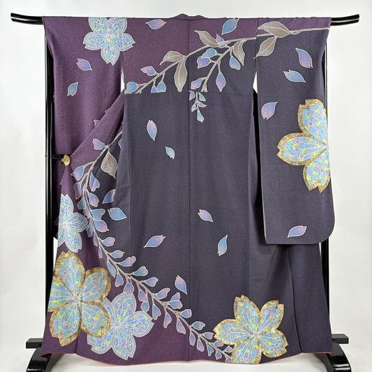 振袖禮服 身長166.5cm 袖長67.5cm L 雙層 櫻花 葉紋 金彩裝飾 紫 純蠶絲 名品級