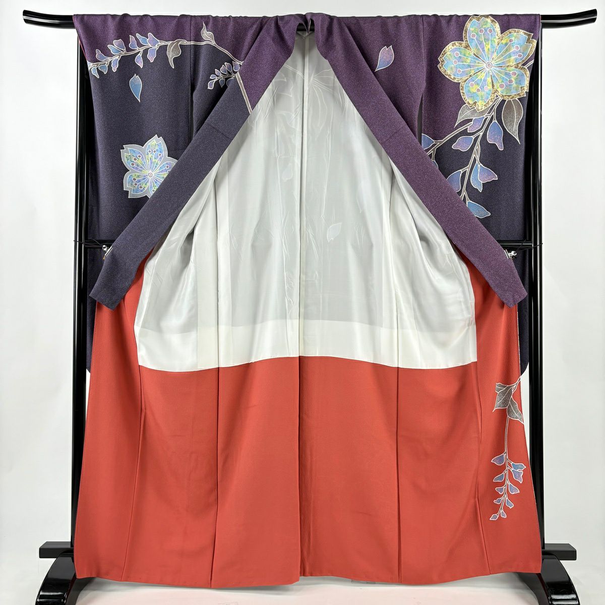 振袖禮服 身長166.5cm 袖長67.5cm L 雙層 櫻花 葉紋 金彩裝飾 紫 純蠶絲 名品級
