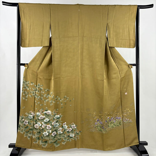 【美品】 留袖禮服禮服 身長161cm 袖長64cm M 雙層 落款あり 枝花 楓 金銀彩 金絲 鶯色 純蠶絲 名品級 一つ紋
