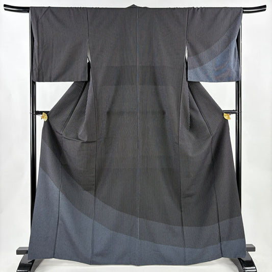 【美品】 付下 身長166cm 袖長66.5cm M 雙層 鹽澤物語 紬織織地 證書あり 條紋 黑 純蠶絲 名品級