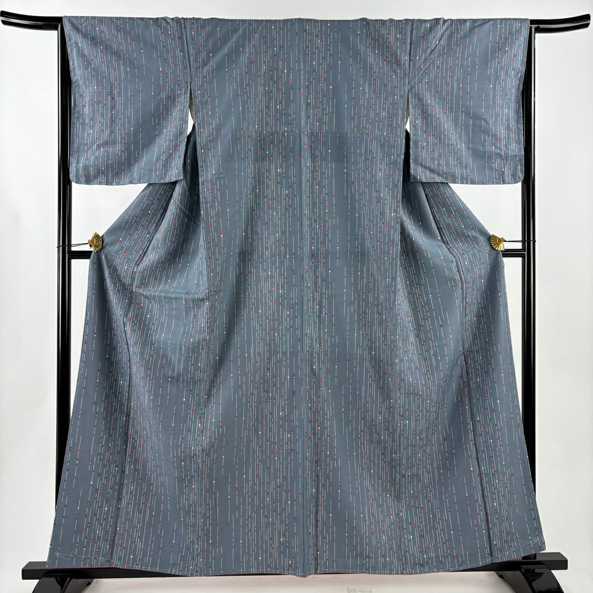 【美品】 小紋 身長159cm 袖長65.5cm M 雙層 紬織織 證書あり 幾何學 青灰 純蠶絲 名品級