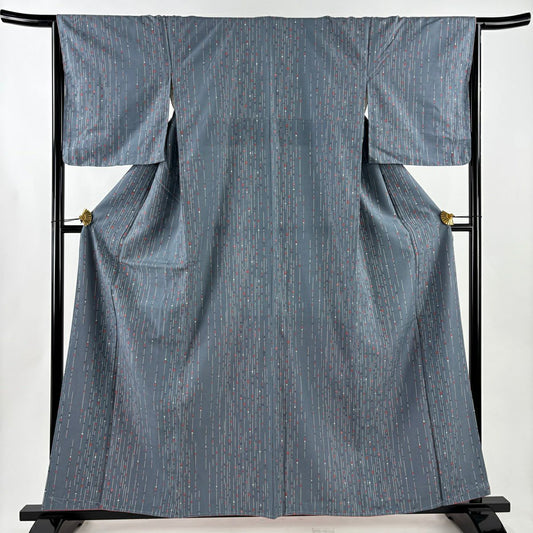 【美品】 小紋 身長159cm 袖長65.5cm M 雙層 紬織織 證書あり 幾何學 青灰 純蠶絲 名品級