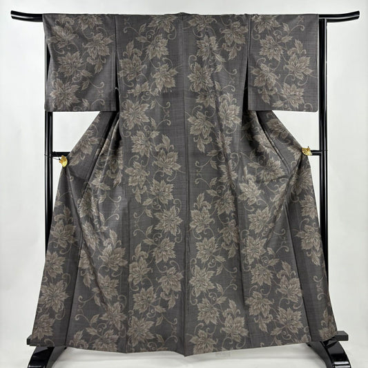 【美品】 紬織 身長163.5cm 袖長64.5cm M 單層 花唐草紋 灰茶 純蠶絲 名品級