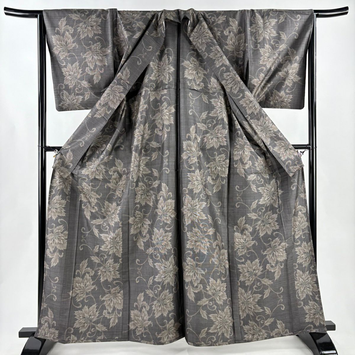 【美品】 紬織 身長163.5cm 袖長64.5cm M 單層 花唐草紋 灰茶 純蠶絲 名品級