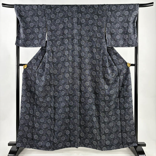 【美品】 小紋 身長161.5cm 袖長68cm L 雙層 菊花 墨 黑 純蠶絲 名品級